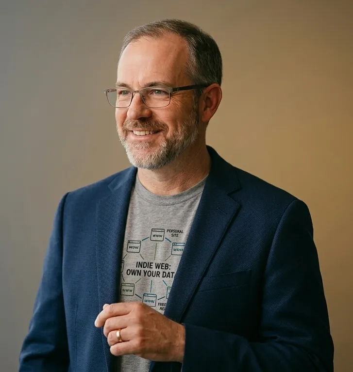 Ned Ludd wearing a navy blazer over an IndieWeb t-shirt, smiling